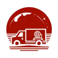 Icono en rojo de un camión de mudanza con un fondo de globo terráqueo, representando mudanzas internacionales.