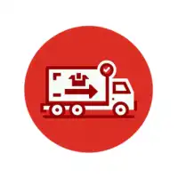 Ilustración en color rojo de un camión de mudanza con cajas en la parte trasera y fondo circular rojo.