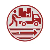 lustración circular en tonos rojos de un trabajador cargando un camión de mudanza con cajas.